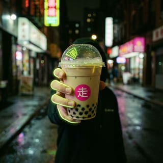 Hand holding out a boba milk tea cup with a pink character sticker illuminated by glowing green neon