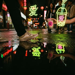 Puddle on wet asphalt reflecting a glowing neon Chinese character 爱 and boba sign as a sneaker steps past