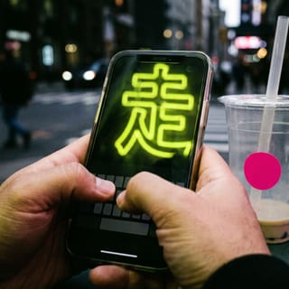 Hands typing on a smartphone displaying a glowing green neon Chinese character 走 beside a boba cup